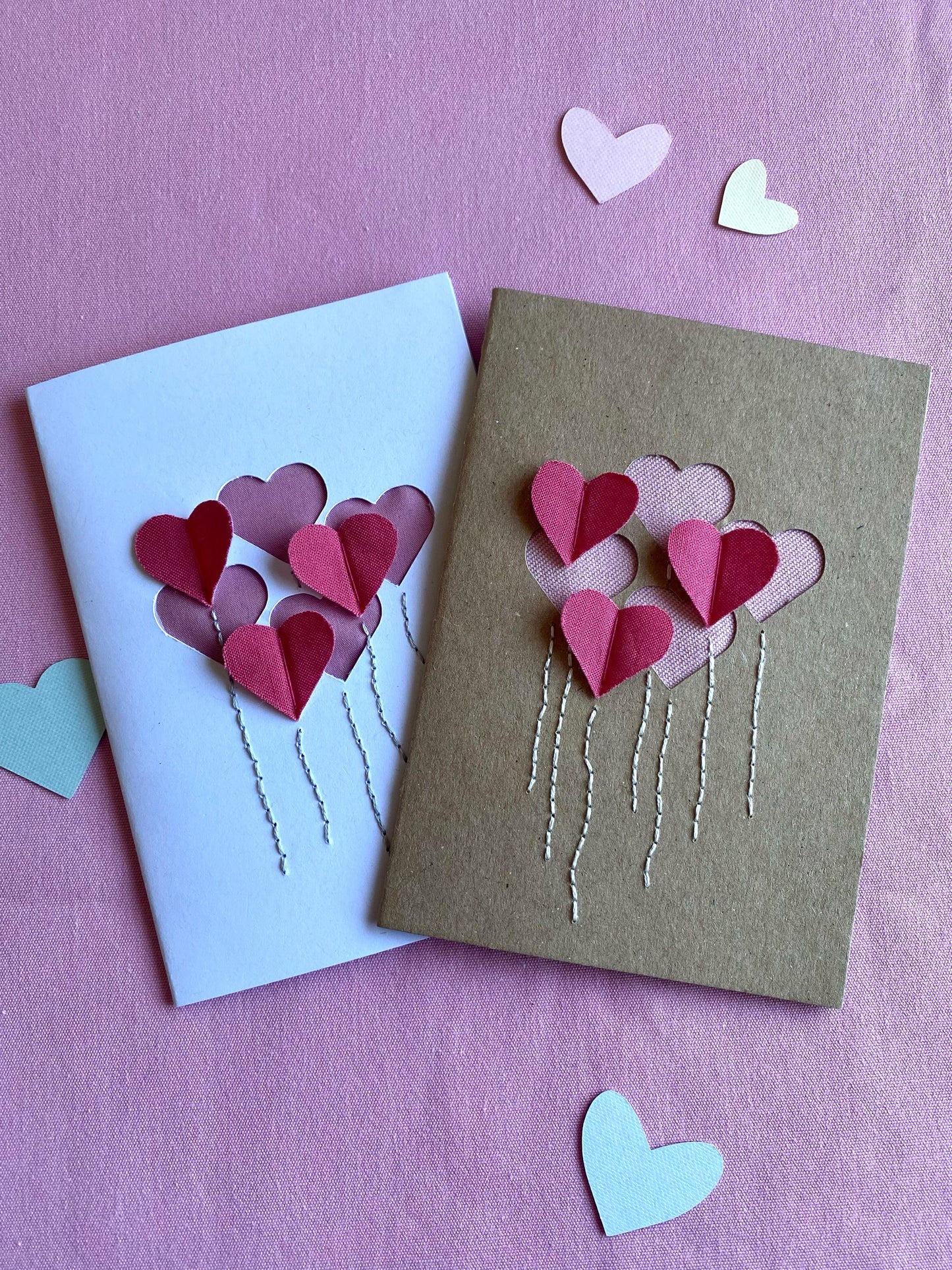 Hand Embroidered Card - Heart Balloons - White