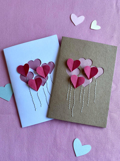Hand Embroidered Card - Heart Balloons - Brown