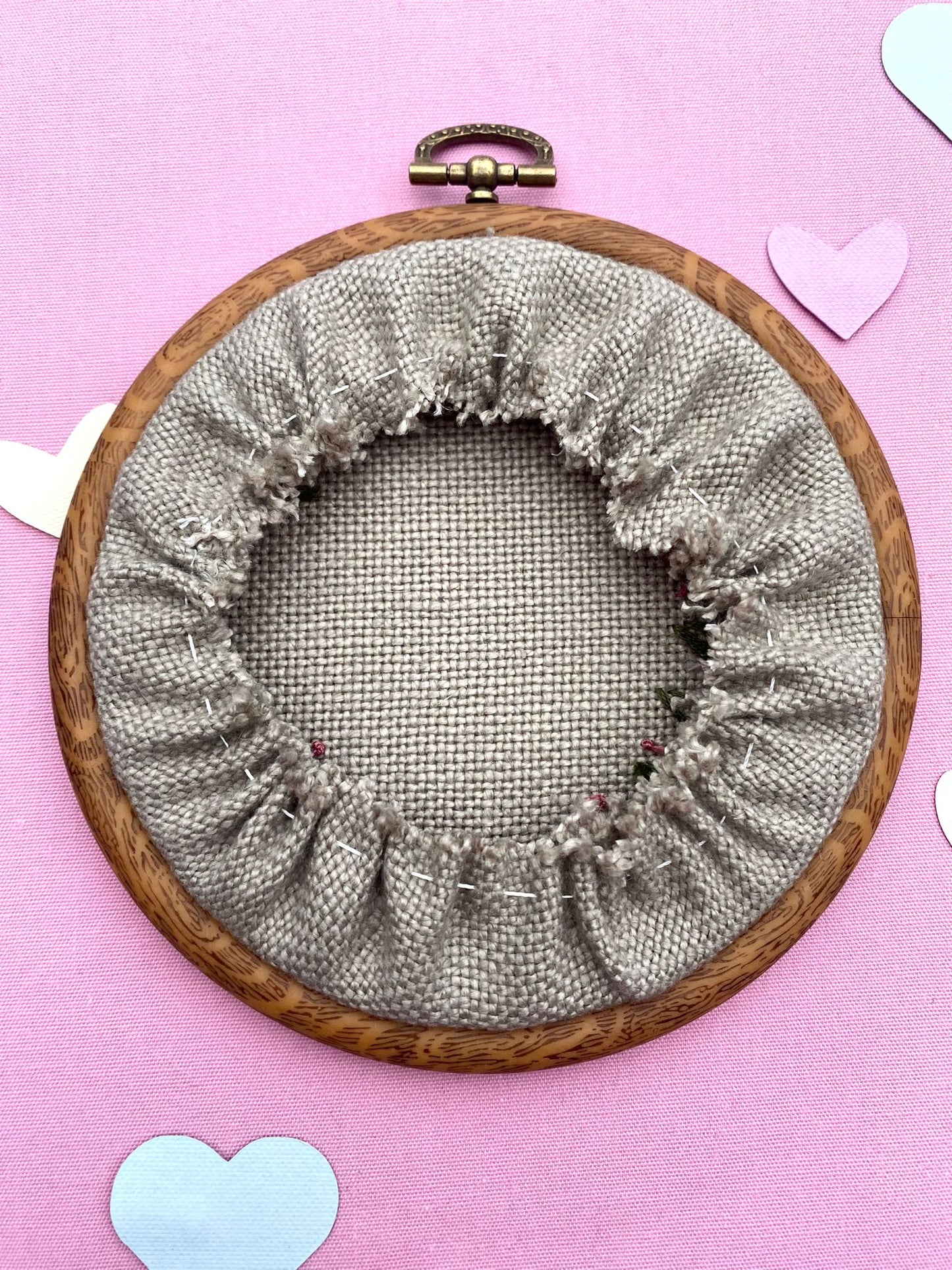 Hand Embroidered Photo Frame - Circle Shape - Pink Flowers