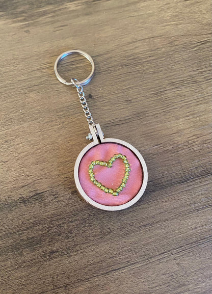 Hand Embroidered Keyring - Green Heart