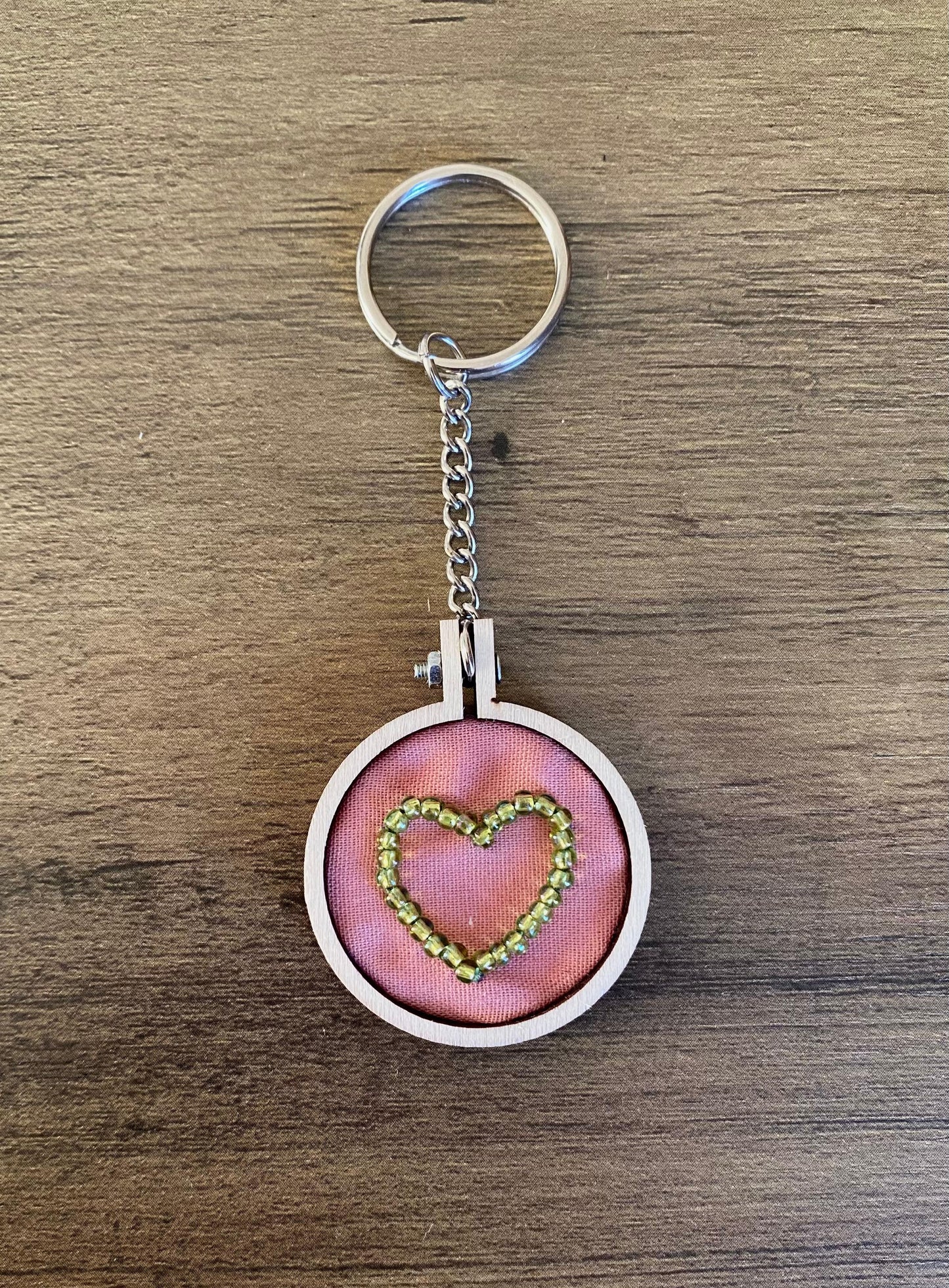 Hand Embroidered Keyring - Green Heart